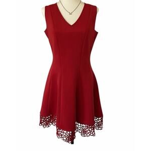 Roz & Ali Women's Petite 4 Red Embroidered Hem Sleeveless V-Neck Mini Dress